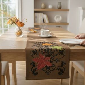 Vintage Pier 1 Imports Fall Autumn Embroidered Leaves Brown Table Runner 71x13.5